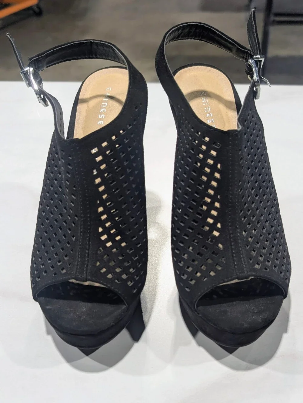 Chinese Laundry Black Perforated Peep-Toe Wedge Sandal